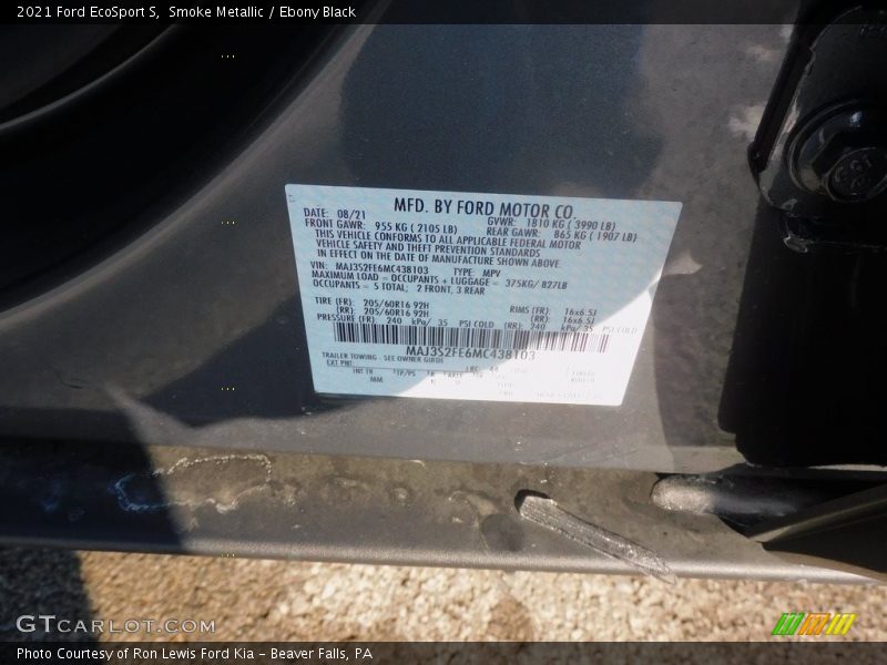 Smoke Metallic / Ebony Black 2021 Ford EcoSport S