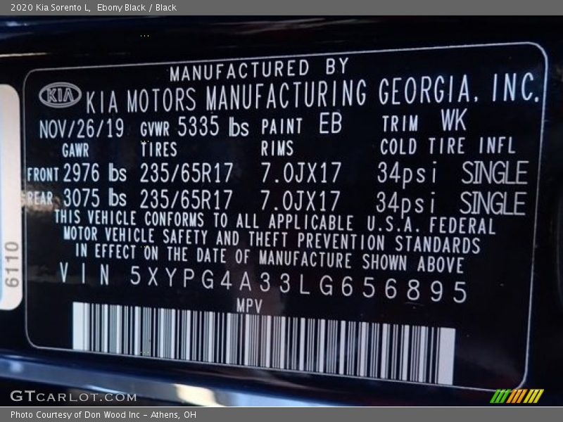 Ebony Black / Black 2020 Kia Sorento L