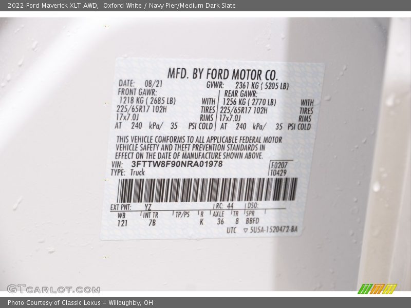 2022 Maverick XLT AWD Oxford White Color Code YZ