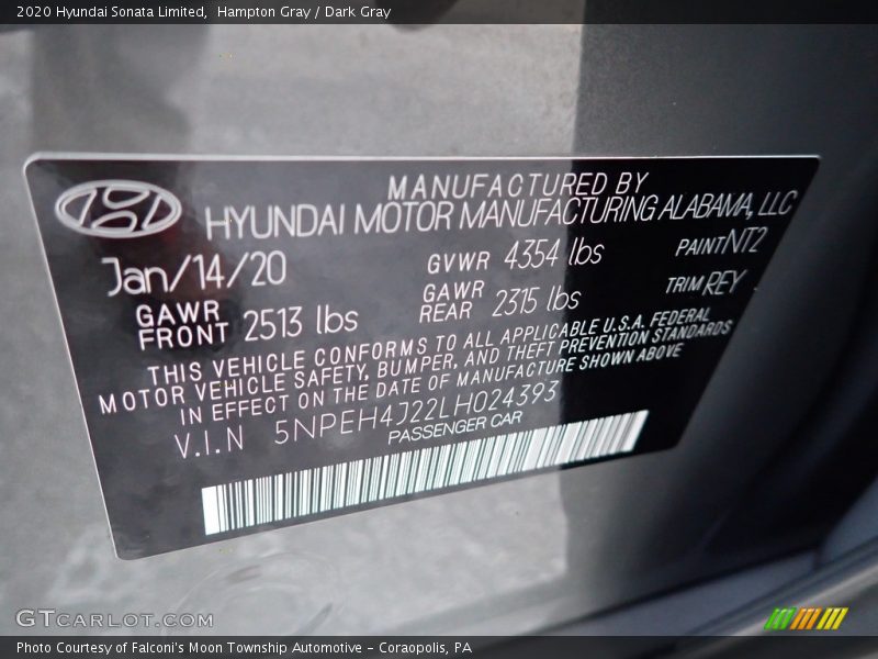 Hampton Gray / Dark Gray 2020 Hyundai Sonata Limited