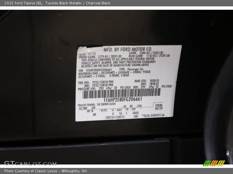 Tuxedo Black Metallic / Charcoal Black 2015 Ford Taurus SEL