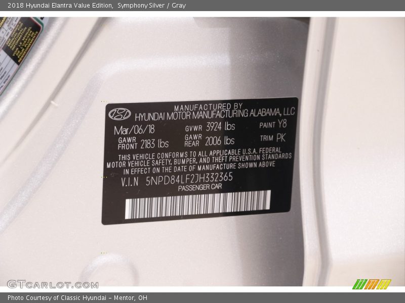 Symphony Silver / Gray 2018 Hyundai Elantra Value Edition