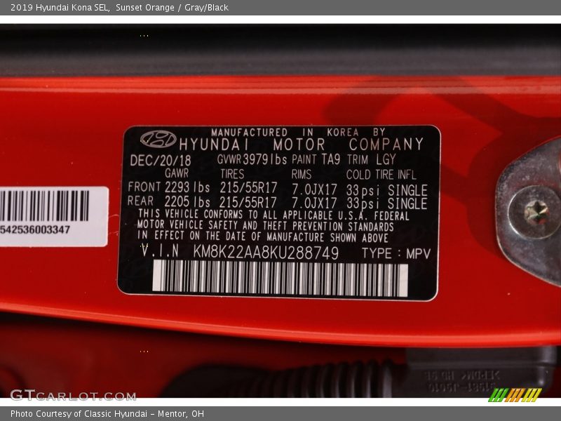 2019 Kona SEL Sunset Orange Color Code TA9