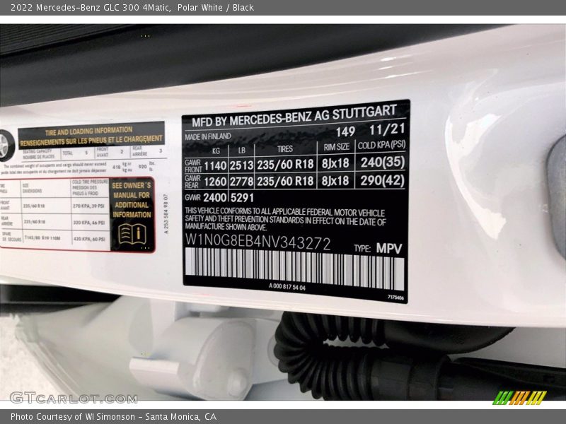 2022 GLC 300 4Matic Polar White Color Code 149