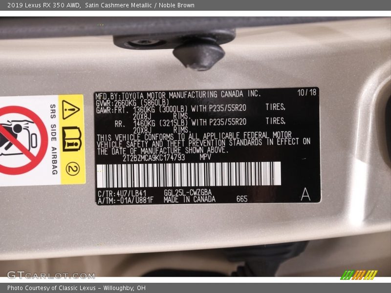 2019 RX 350 AWD Satin Cashmere Metallic Color Code 4U7