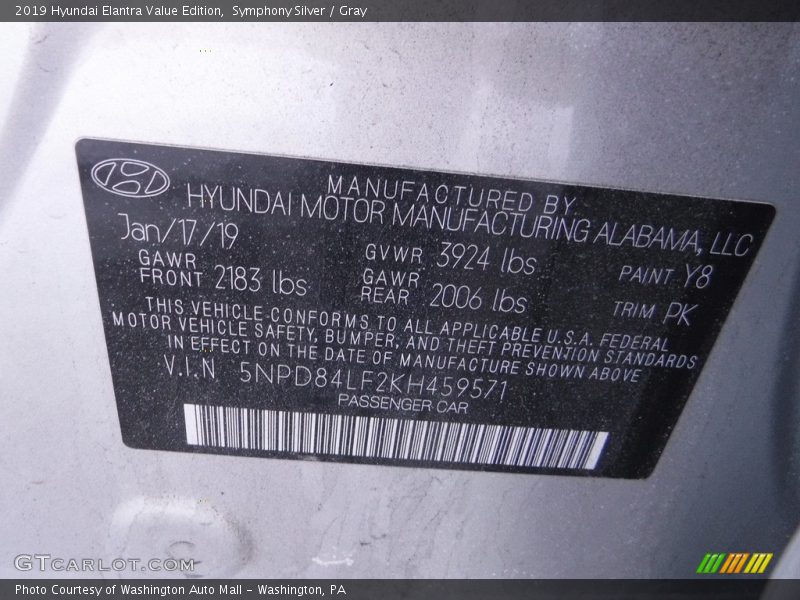 Symphony Silver / Gray 2019 Hyundai Elantra Value Edition