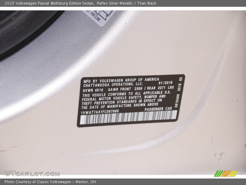Reflex Silver Metallic / Titan Black 2015 Volkswagen Passat Wolfsburg Edition Sedan