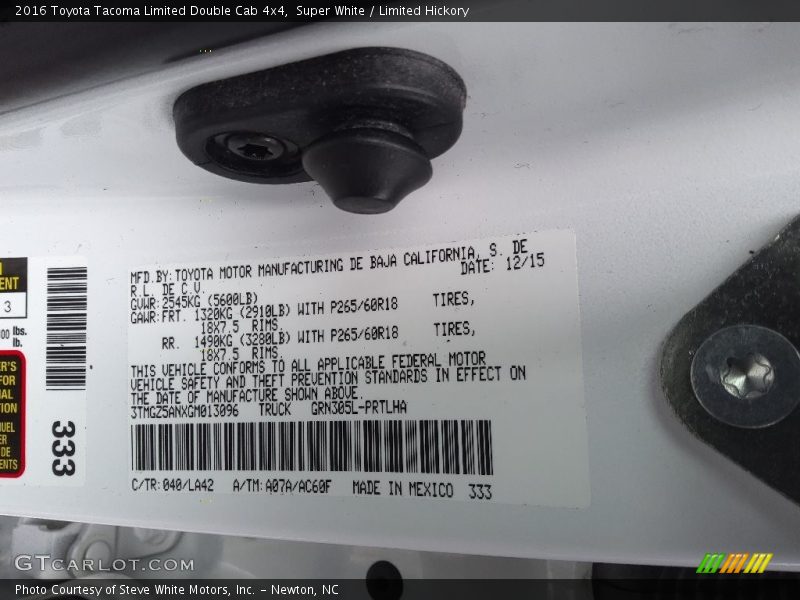 2016 Tacoma Limited Double Cab 4x4 Super White Color Code 040
