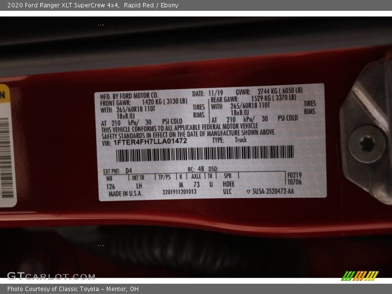 Rapid Red / Ebony 2020 Ford Ranger XLT SuperCrew 4x4