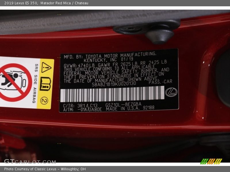 2019 ES 350 Matador Red Mica Color Code 3R1