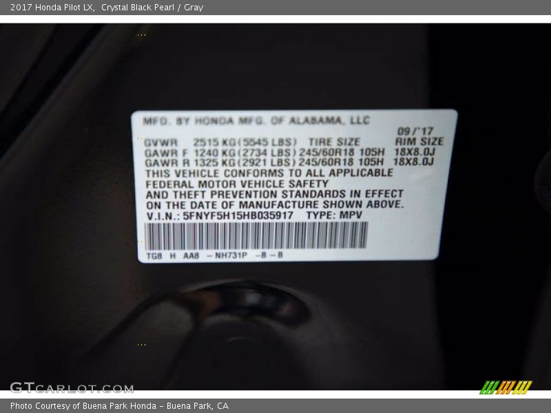 Crystal Black Pearl / Gray 2017 Honda Pilot LX