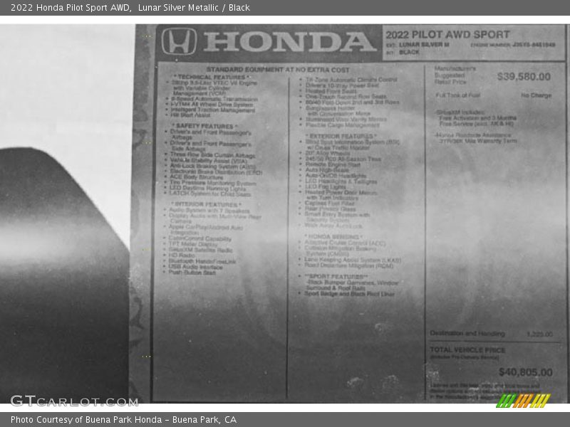  2022 Pilot Sport AWD Window Sticker