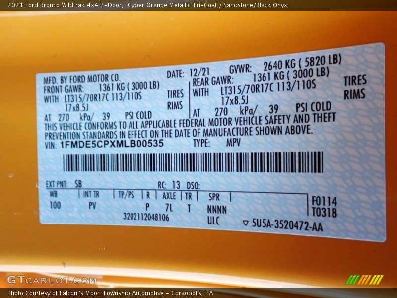 2021 Bronco Wildtrak 4x4 2-Door Cyber Orange Metallic Tri-Coat Color Code SB