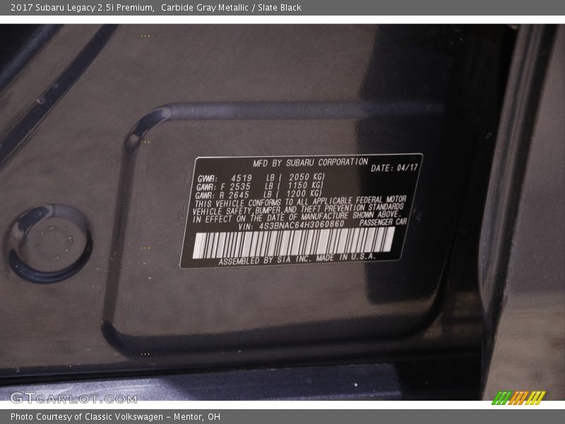 Carbide Gray Metallic / Slate Black 2017 Subaru Legacy 2.5i Premium