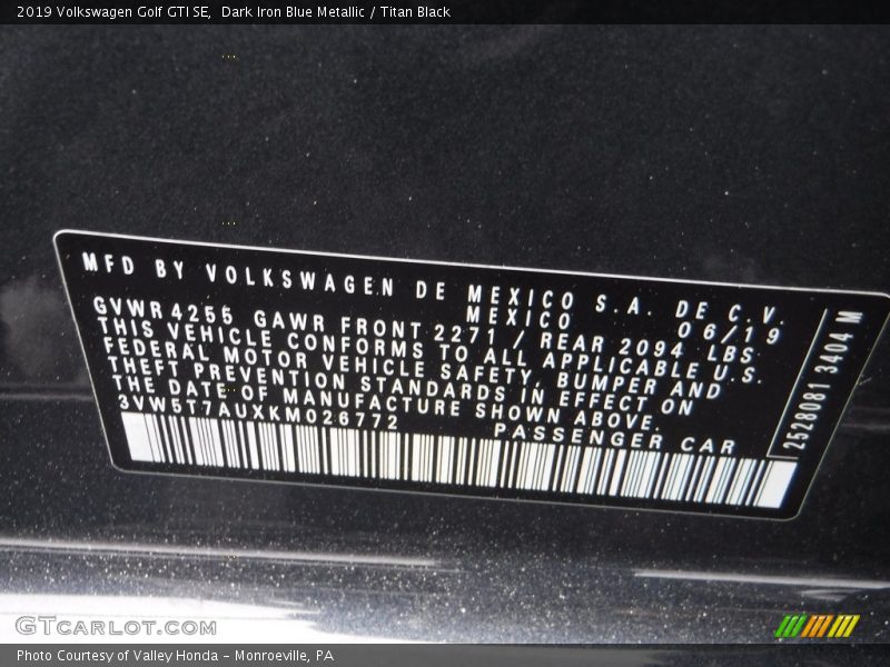 Dark Iron Blue Metallic / Titan Black 2019 Volkswagen Golf GTI SE
