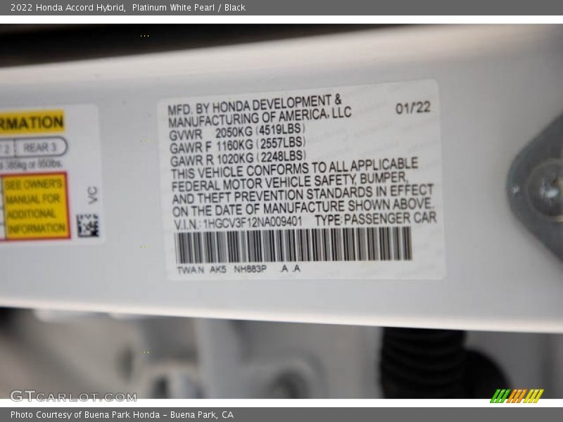 Platinum White Pearl / Black 2022 Honda Accord Hybrid