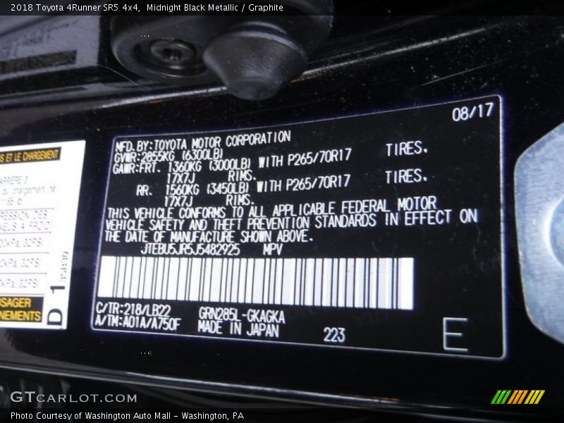 Midnight Black Metallic / Graphite 2018 Toyota 4Runner SR5 4x4