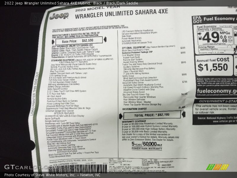  2022 Wrangler Unlimited Sahara 4XE Hybrid Window Sticker