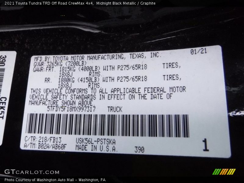 2021 Tundra TRD Off Road CrewMax 4x4 Midnight Black Metallic Color Code 218