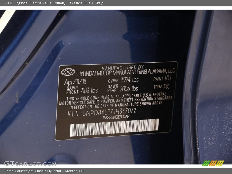 Lakeside Blue / Gray 2018 Hyundai Elantra Value Edition