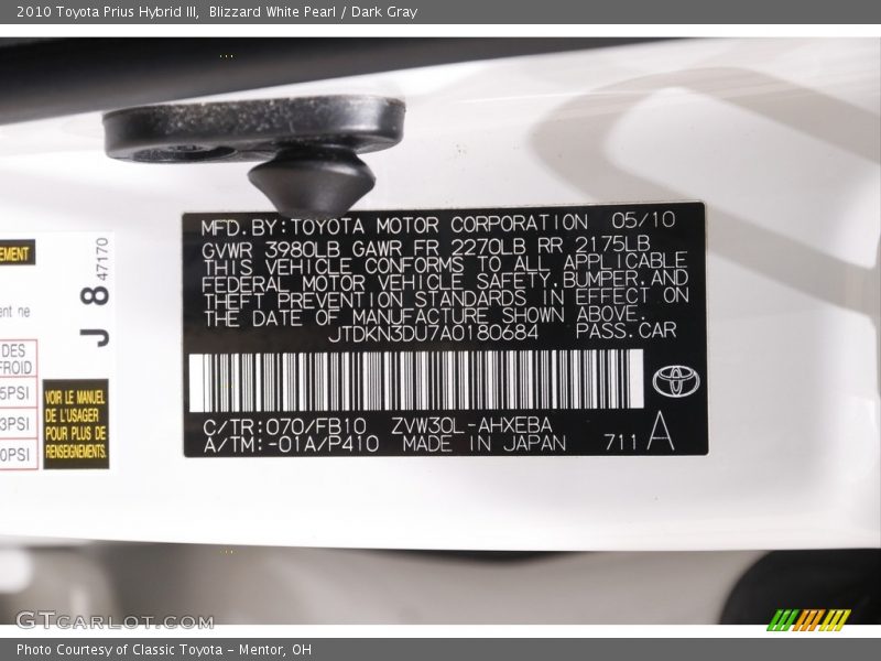Blizzard White Pearl / Dark Gray 2010 Toyota Prius Hybrid III