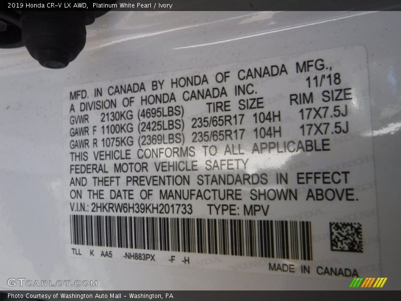 Platinum White Pearl / Ivory 2019 Honda CR-V LX AWD