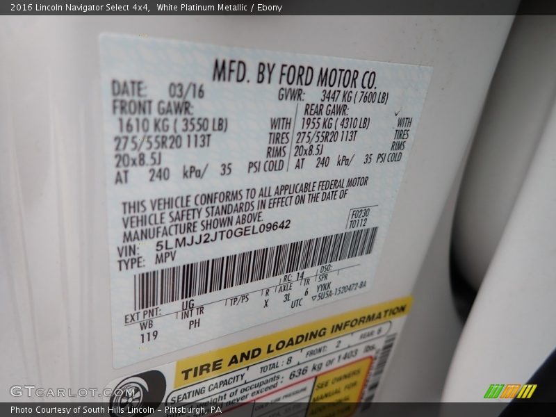 2016 Navigator Select 4x4 White Platinum Metallic Color Code UG