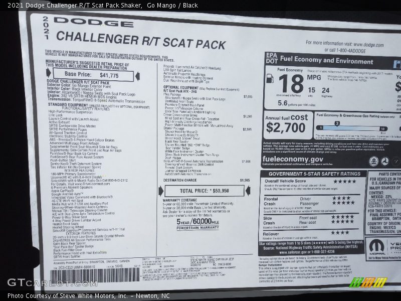  2021 Challenger R/T Scat Pack Shaker Window Sticker
