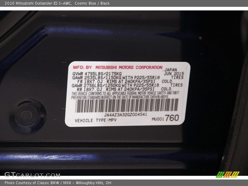 Cosmic Blue / Black 2016 Mitsubishi Outlander ES S-AWC