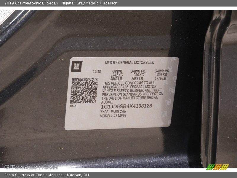 Nightfall Gray Metallic / Jet Black 2019 Chevrolet Sonic LT Sedan
