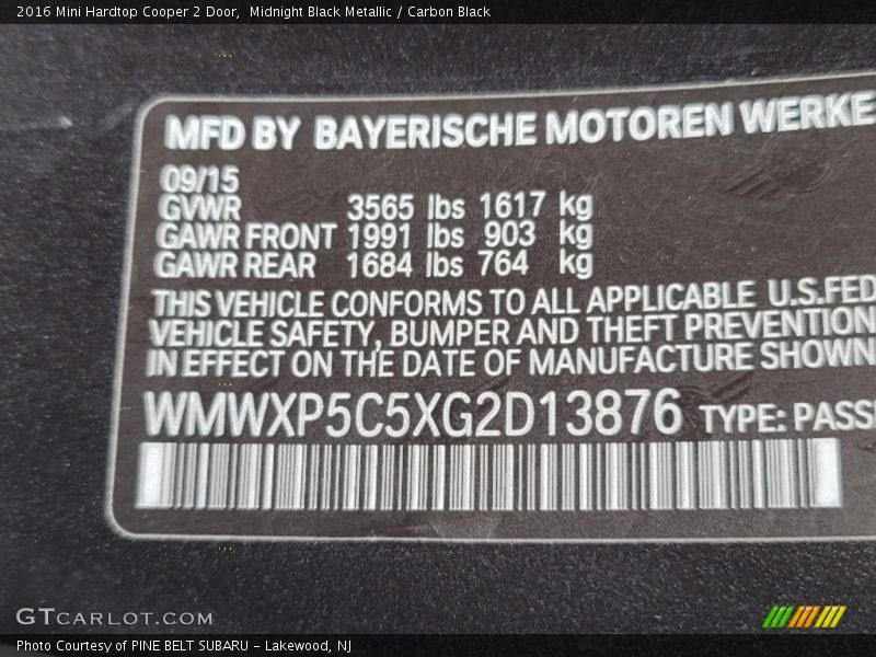 Midnight Black Metallic / Carbon Black 2016 Mini Hardtop Cooper 2 Door