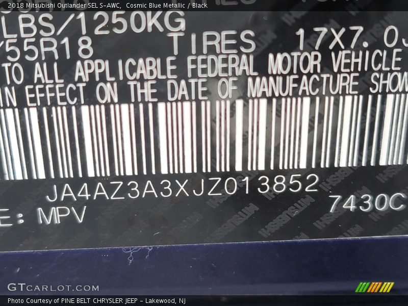Cosmic Blue Metallic / Black 2018 Mitsubishi Outlander SEL S-AWC