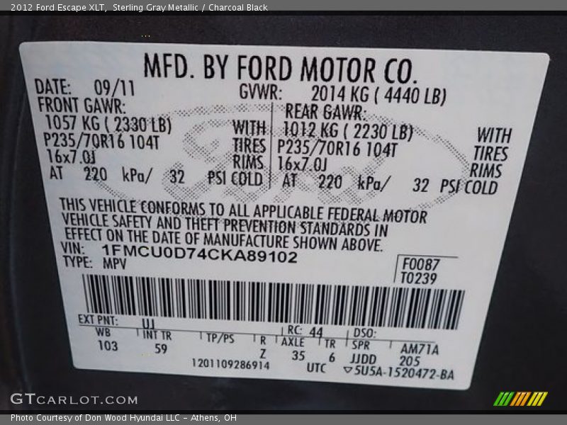 Sterling Gray Metallic / Charcoal Black 2012 Ford Escape XLT