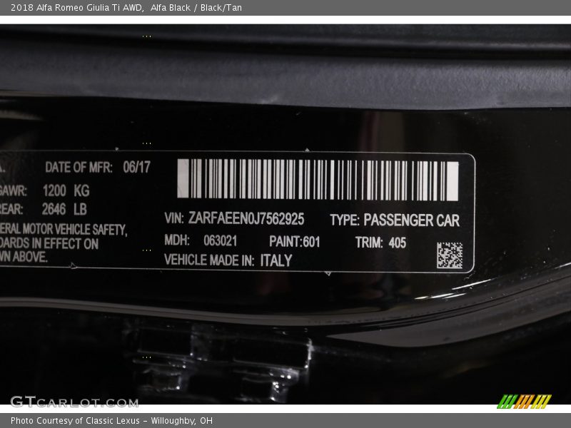 2018 Giulia Ti AWD Alfa Black Color Code 601