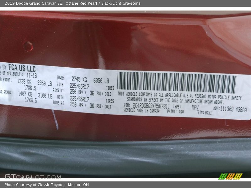 Octane Red Pearl / Black/Light Graystone 2019 Dodge Grand Caravan SE