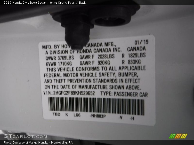 White Orchid Pearl / Black 2019 Honda Civic Sport Sedan