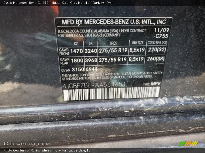 Steel Grey Metallic / Dark Ash/Ash 2010 Mercedes-Benz GL 450 4Matic