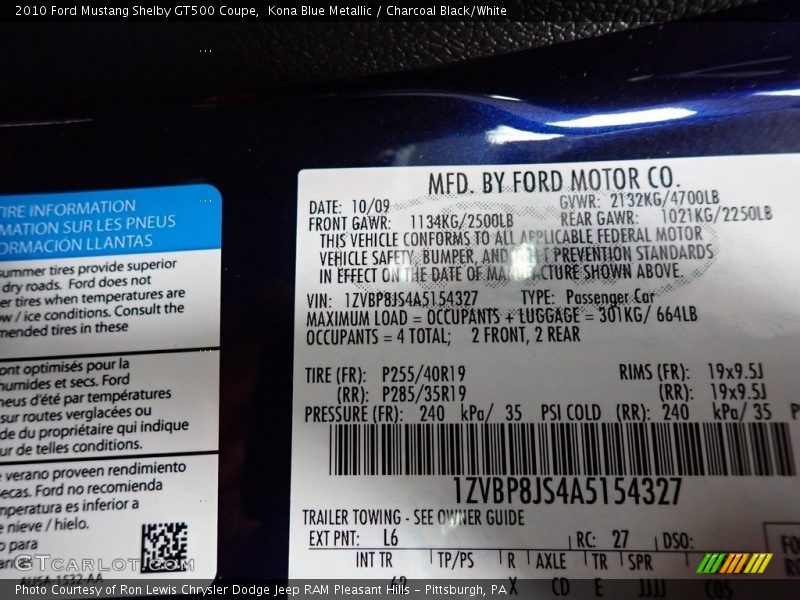 2010 Mustang Shelby GT500 Coupe Kona Blue Metallic Color Code L6
