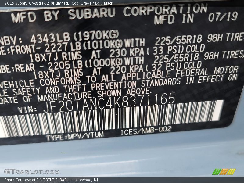 Cool Gray Khaki / Black 2019 Subaru Crosstrek 2.0i Limited