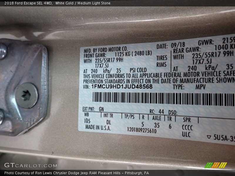 White Gold / Medium Light Stone 2018 Ford Escape SEL 4WD