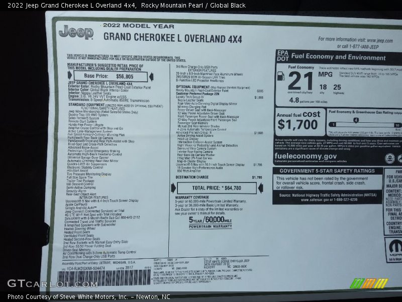 Rocky Mountain Pearl / Global Black 2022 Jeep Grand Cherokee L Overland 4x4