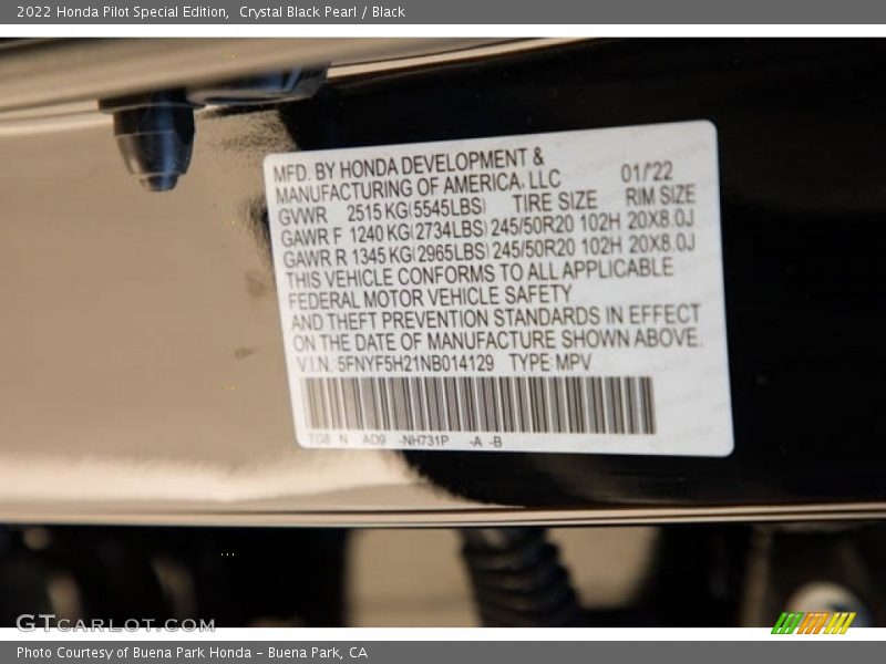Crystal Black Pearl / Black 2022 Honda Pilot Special Edition