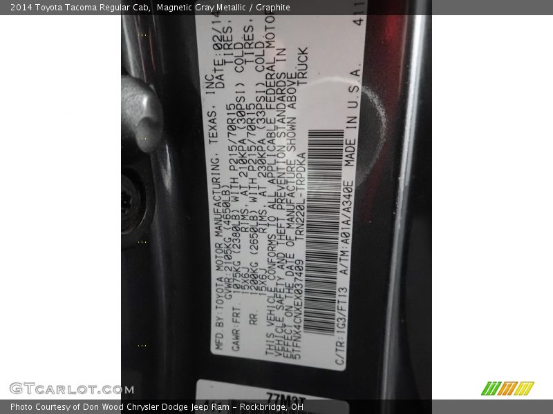 2014 Tacoma Regular Cab Magnetic Gray Metallic Color Code 1G3