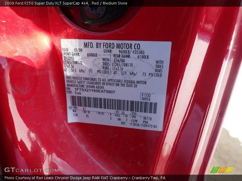2009 F250 Super Duty XLT SuperCab 4x4 Red Color Code F1