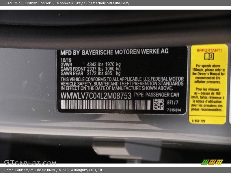 2020 Clubman Cooper S Moonwalk Grey Color Code 871