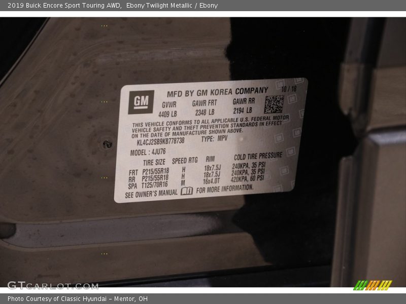 Ebony Twilight Metallic / Ebony 2019 Buick Encore Sport Touring AWD