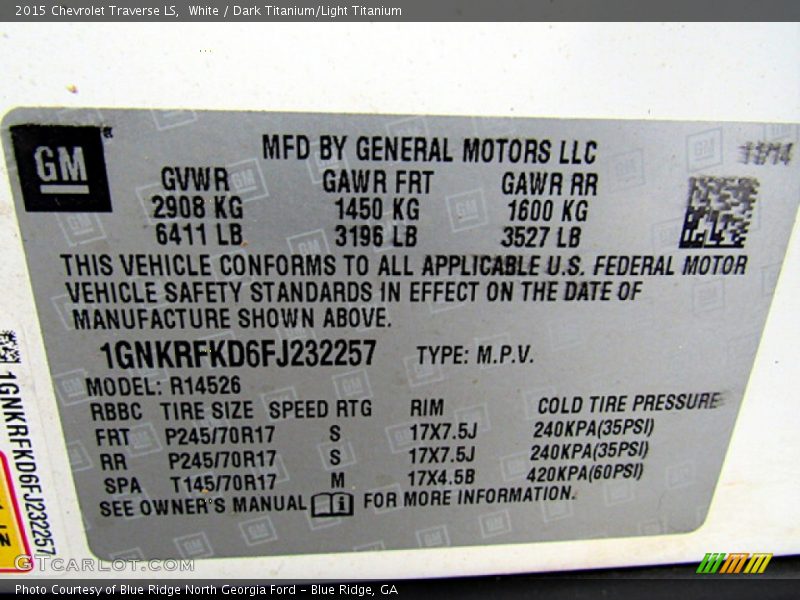 White / Dark Titanium/Light Titanium 2015 Chevrolet Traverse LS