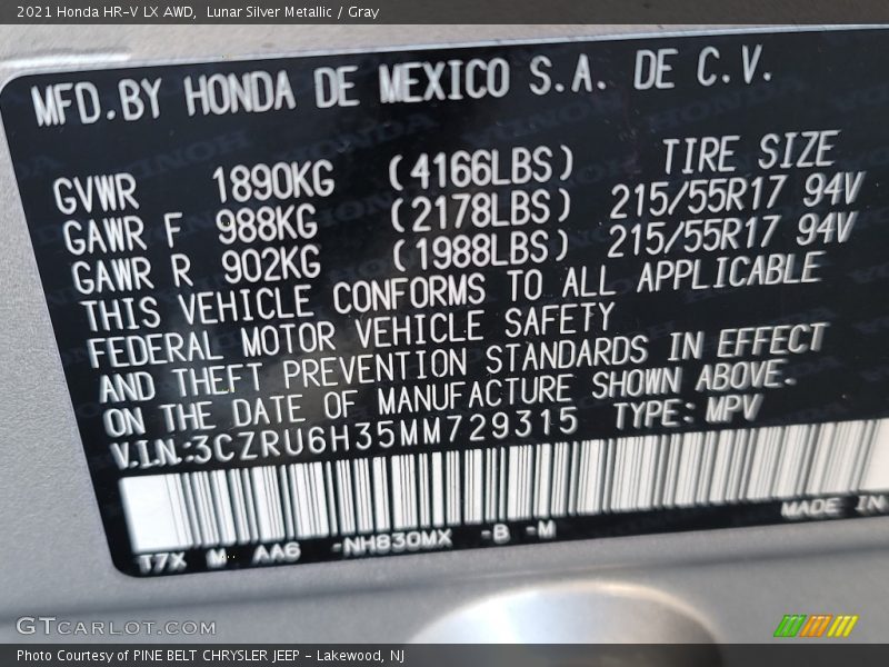 2021 HR-V LX AWD Lunar Silver Metallic Color Code NH830MX
