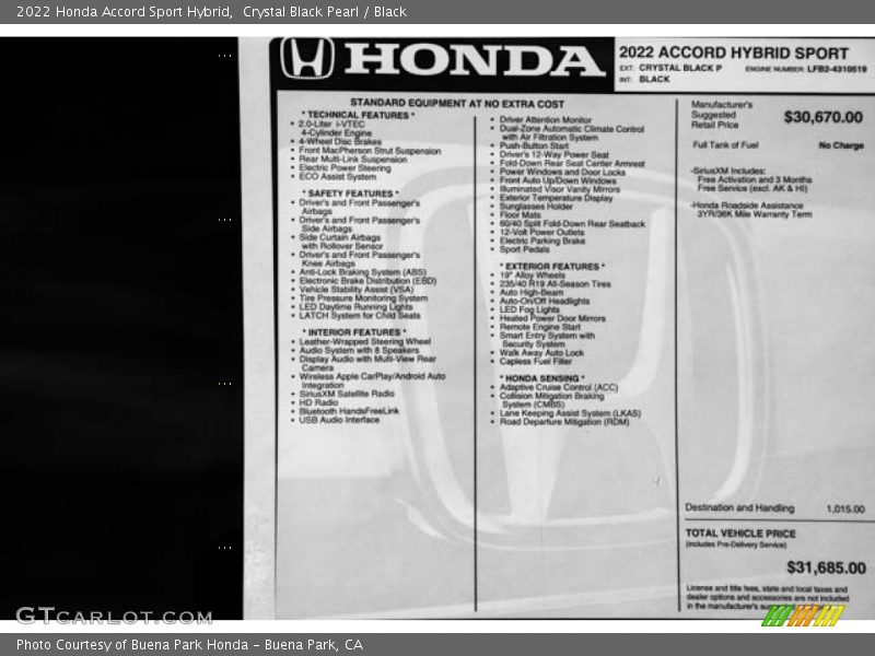 Crystal Black Pearl / Black 2022 Honda Accord Sport Hybrid