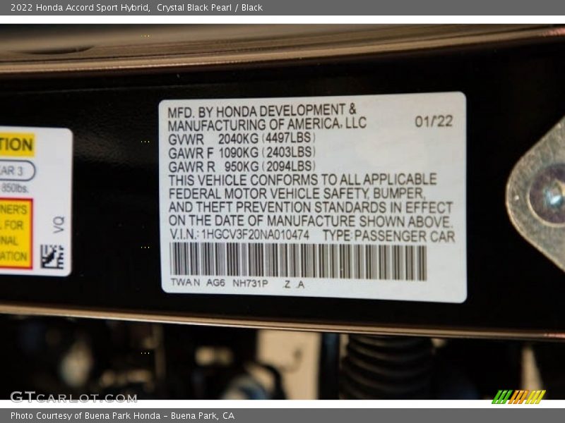 2022 Accord Sport Hybrid Crystal Black Pearl Color Code NH731P